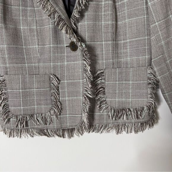 Harve Bernard Wool Blend Brown Plaid Fringe Detail Blazer Jacket Size 8 Petite - Picture 5 of 7